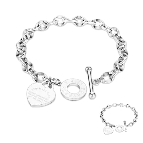 Heart Charm Bracelet Plated 18K Gold/Silver/Rose Gold Bible Scripture Heart Bracelet for Women Jewelry Gift Zircon Her Link Chain OT Clasp Stainless Steel Birthday - color: Silver, size: 9.1 inch