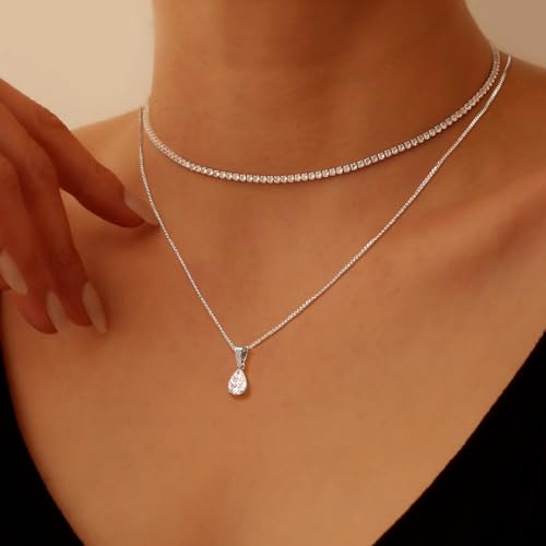 Layered Necklaces for Women, Dainty 14K Gold Plated Diamond Tennis Necklace, Simple Stackable Layered Gold Necklaces for Women Trendy Sparkly Cubic Zirconia Pendant Necklace Set Jewelry Gift - color: Silver- Tennis & Waterdrop Diamond