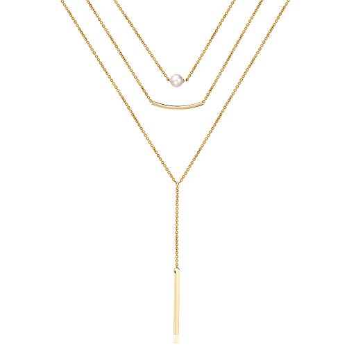 Turandoss Dainty Layered Choker Necklace, Handmade Y Pendant Necklace Multilayer Bar Disc Necklace Adjustable Layering Choker Necklaces for Women - style: 3PCS - simulated Pearl&Curved Bar&Bar