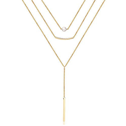 Turandoss Dainty Layered Choker Necklace, Handmade Y Pendant Necklace Multilayer Bar Disc Necklace Adjustable Layering Choker Necklaces for Women - style: 3PCS - simulated Pearl&Curved Bar&Bar
