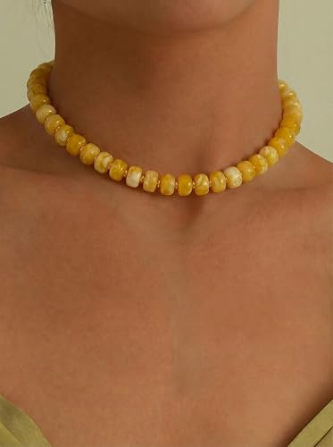 Chunky Beaded Necklace for Women, Colorful Boho Statement Necklace, Gold Chunky Resin Large Bead Necklace, Waterproof Summer Beach Jewelry Gifts for Women - color: Yellow