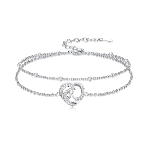 Dorunmo Initial Anklet 925 Sterling Silver Letter A-Z Layered Heart Anklet Beach Jewelry Birthday Gifts for Women - color: R
