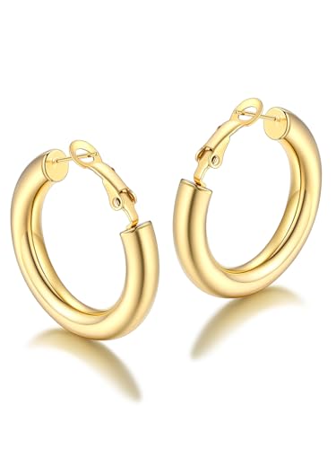 FaithHeart Silver/Black/Gold Stainless Steel Chunky Hoop Earrings for Women | Hypoallergenic Lightweight Hoop Earrings, Trendy Statement Thick Hoop, 20/30/40/50/60/70/80mm - color: Gold, size: 30mm