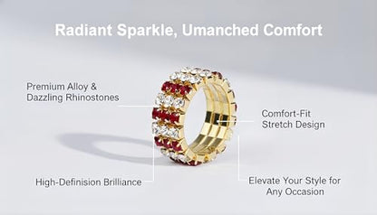 Sparkling Rhinestone Ring Set Trendy Elastic Rhinestone Crystal Stretch Ring Stackable Jewelry for Women Girls - color: 3 Rows Ring-Golden+White+Bright Red