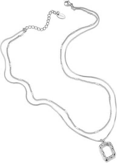 Evabelle Gold Layered Necklace for Women Trendy Jewelry 14K Real Gold Plated Chunky Chain Stackable Necklaces Dainty Choker Necklaces Rectangle Square Pendant - color: Silver Necklace 01