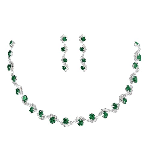 Bride Silver Necklace Earrings Set Crystal Bridal Wedding Jewelry Set Rhinestone Choker Necklace for Women and Brides - color: Green