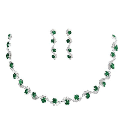 Bride Silver Necklace Earrings Set Crystal Bridal Wedding Jewelry Set Rhinestone Choker Necklace for Women and Brides - color: Green