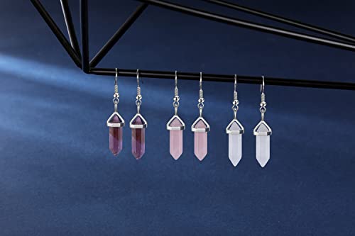 Jovivi 3Pairs Healing Crystals Earrings Sets for Women Natural Real Amethyst Rose Quartz Stone Healing Hexagonal Points Crystal Chakra Dangle Earrings - color: Style 1