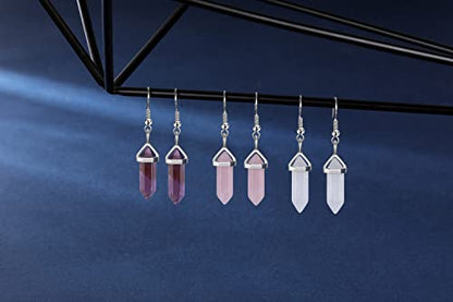 Jovivi 3Pairs Healing Crystals Earrings Sets for Women Natural Real Amethyst Rose Quartz Stone Healing Hexagonal Points Crystal Chakra Dangle Earrings - color: Style 1