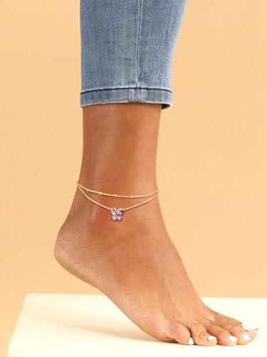 Suplight Gold Plated Butterfly Anklets for Women Waterproof, Layered Boho Ankle Bracelet with Birthstone, Stainless Steel Adjustable Non-Tarnish Heart Foot Jewelry Beach Vacation - color: 06. Butterfly-Jun. Alexandrite