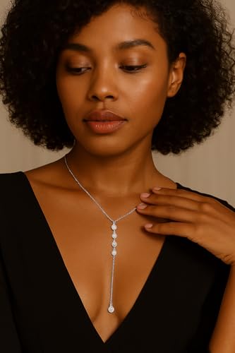 14K Gold Plated Y Necklace for Women – Dainty Lariat Long Pendant Chain, Layered Drop Necklace for V Neck Dress, Simple Sexy Cleavage Jewelry Gifts for Women - color: Silver - Single layer - Zircon