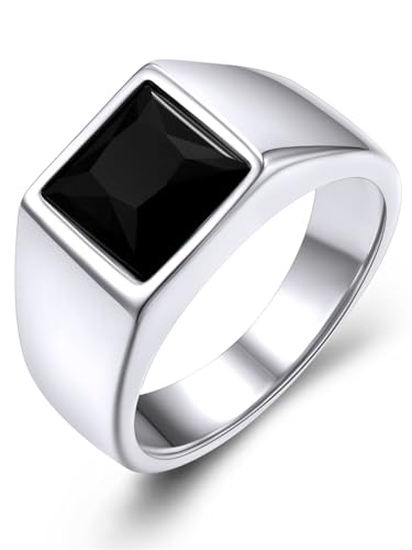 KeyStyle Square Gemstone Signet Rings for Men, Personalized Stainless Steel Pinky Ring with Black Onxy Blue Topaz Birthstone Statement Ring - color: 316L Stainless Steel-Black Onyx-8mm