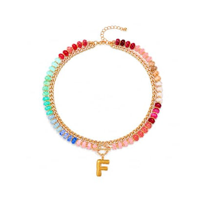 Colorful Beaded Bubble Letter Necklace For Women, Boho Double Layer Dopamine Rainbow Resin Beads Thick Cuban Chain Chunky With Initials Pendant Necklaces Summer Beach Jewelry Gift ﻿ - color: Dop F