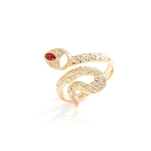 14K Gold-Tone Sterling Silver Adjustable Serpent Ring withRed Zirconia Eyes - Mysterious Snake Jewelry for Women