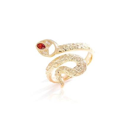 14K Gold-Tone Sterling Silver Adjustable Serpent Ring withRed Zirconia Eyes - Mysterious Snake Jewelry for Women