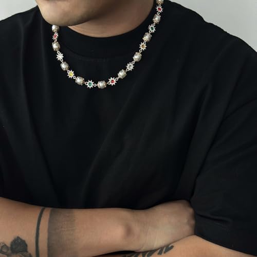 Gold/Silver Pearl Necklace for Men Faux Pearl Choker Necklace Beaded Adjustable Chain Gothic Chunky Beaded Statement Hip Hop Rock Party Festival Collar para Hombre Fashion Jewelry Gift for Men - style: Style-B-SV