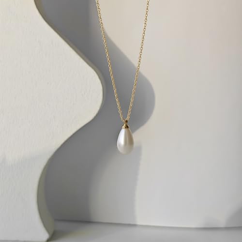 Zeffy Gold Pearl Necklace for Women, Dainty 14K Gold/Silve Plated Layered Pearl Choker Pearl Earrings Pearl Bracelets Wedding Trendy Gold Jewelry Set for Women Gifts - style: Gold Teardrop Pearl Necklace-1PCS