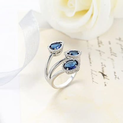 Kokoma Shiny Diamond Teardrop Open Statement Ring for Women Girls Rhinestone CZ Crystal Leaf Climber Wrap Finger Band Engagement Promise Rings Bands Fashion Jewelry Gifts for Mother's Day - color: Blue