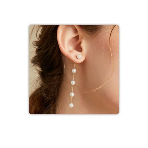 Trinckle Pearl Earrings for Women Drop Jewelry Bride Wedding Accessories | Dainty Gold Pearl Dangle Earrings, Silver Earrings for Bridesmaid, Floral Boho Bow Jewelry for Girls Prom Homecoming Gift - color: gold-long-3 in (5 pearl)