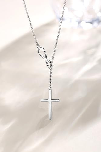 FANCIME White Gold Plated 925 Sterling Silver High Polished Infinity Cross Pendant Lariat Necklace Y Necklace Gift for Women, 18" - color: Y cross