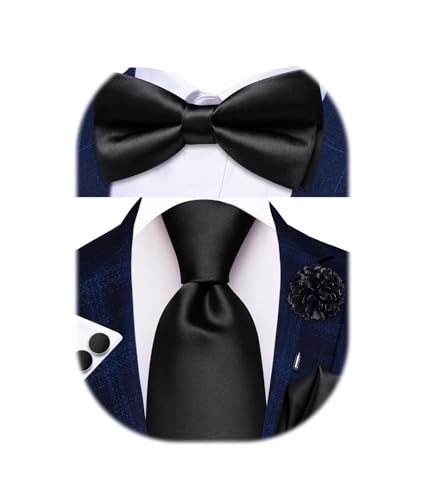 Hi-Tie 5Pcs Mens Solid Color Silk Tie Satin Pretied Bowtie Lapel Pin for Men Handkerchief Cufflink Wedding Gift Box - color: Black