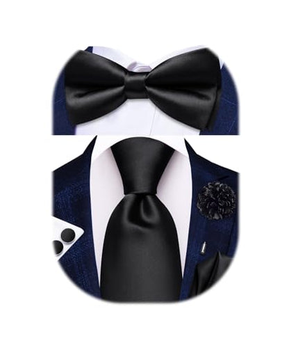 Hi-Tie 5Pcs Mens Solid Color Silk Tie Satin Pretied Bowtie Lapel Pin for Men Handkerchief Cufflink Wedding Gift Box - color: Black