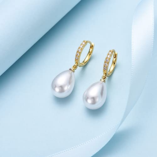 CERSLIMO Pearl Drop Earrings for Women | S925 Sterling Silver Post Simulated Shell Pearl Hoop Dangle Earrings, Hypoallergenic Cubic Zirconia Huggies Earrings Bridesmaid Jewelry - style: 02 Gold-Teardrop