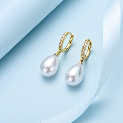CERSLIMO Pearl Drop Earrings for Women | S925 Sterling Silver Post Simulated Shell Pearl Hoop Dangle Earrings, Hypoallergenic Cubic Zirconia Huggies Earrings Bridesmaid Jewelry - style: 02 Gold-Teardrop