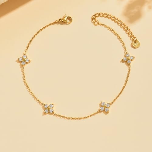 NONAMOIS 18K Gold Plated Diamond Ankle Bracelets for Women Waterproof Gold CZ Pearl Bow Link Chain Anklets Non Tarnish Summer Beach Foot Jewelry Gifts - color: CZ Clover-Gold