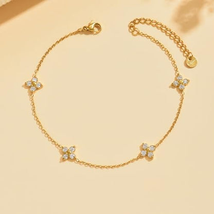 NONAMOIS 18K Gold Plated Diamond Ankle Bracelets for Women Waterproof Gold CZ Pearl Bow Link Chain Anklets Non Tarnish Summer Beach Foot Jewelry Gifts - color: CZ Clover-Gold
