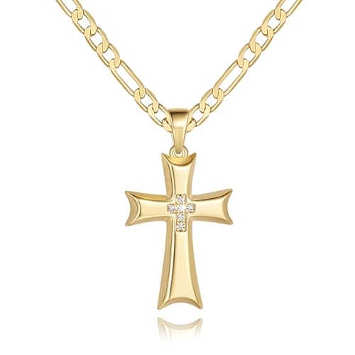 AIGAMIT Cross Necklace for Men Gold Cross Necklace for Men | 14K Gold Cross Chain for Mens Cross Necklaces Cubic Zirconia Gold Cross Pendant Necklace for Men Cross Necklaces 20/22/24in - size: 24 inches