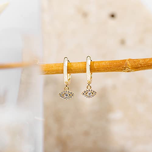PAVOI 14K Gold Plated Huggie Hoop Earrings with Charms for Women - 925 Sterling Silver Posts Dainty Motif Huggie Hoop Dangle Earrings - Lightweight Dangle Drop Jewelry with Cubic Zirconia - style: Evil Eye