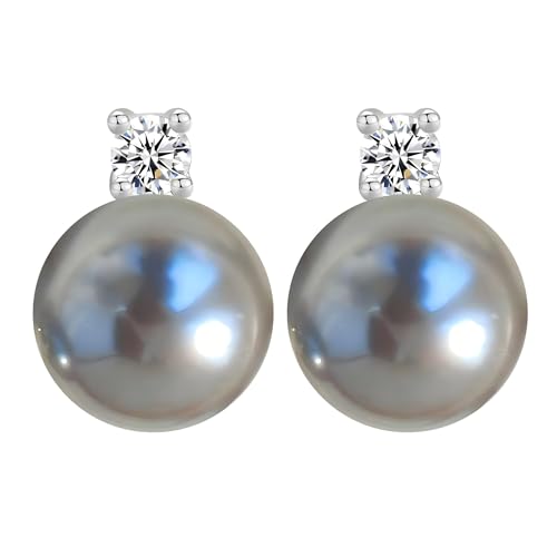 Faux Pearl Cubic Zirconia Stud Earrings, Hypoallergenic Lightweight Round Pearl Studs for Women - color: Blueish Silver, size: Pearl 10mm-CZ 3mm