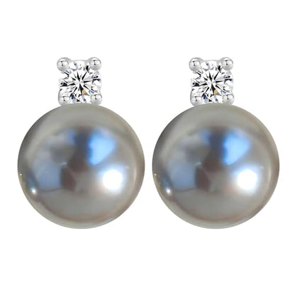 Faux Pearl Cubic Zirconia Stud Earrings, Hypoallergenic Lightweight Round Pearl Studs for Women - color: Blueish Silver, size: Pearl 10mm-CZ 3mm