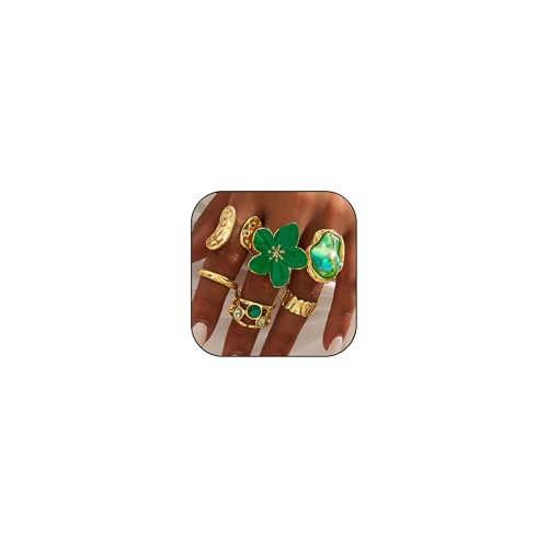 Chunky Gold Rings for Women Non Tarnish 6 PCS Vintage Stackable Flower Baroque Pearl Rhinestone Rings set Adjustable Trendy Statement Jewelry - color: Green flowers