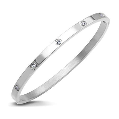 555Jewelry Womens Sparkling Cubic Zirconia Secure Hinge Lock Bangle Stainless Steel Bracelet - color: Silver