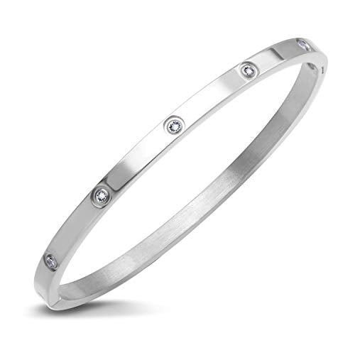 555Jewelry Womens Sparkling Cubic Zirconia Secure Hinge Lock Bangle Stainless Steel Bracelet - color: Silver