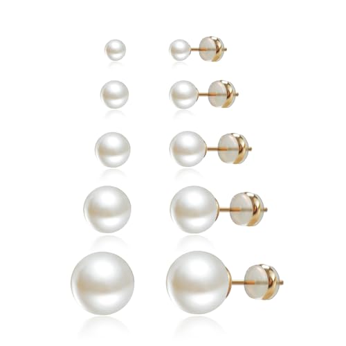 4 Pairs Pearl Stud Earrings Sterling Silver Earring Set | 14K Plated Gold Hypoallergenic Earring stud Large size Round pearl 8mm-14mm Set Earrings for women - style: Round-5 Pairs