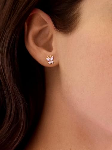 Suplight Butterfly Stud Earrings 925 Sterling Silver 14K Gold Brithstone Earrings for Women Brithstone Jewelry Gifts - color: 10.October ( Pink Tourmaline), size: Gold