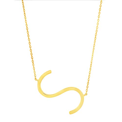 MAX + STONE 14k Gold Plated Sterling Silver Large Sideways Block Initial Letter Pendant Necklace for Woman with 16 Inches to 18 Inches Adjustable Chain and Spring Ring Clasp - style: Letter S