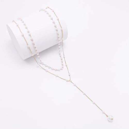 Layered Pearl Necklaces for Women 14K Gold Plated Trendy Faux Pearl Drop Y Necklace Dainty Pearl Choker Gold Layering Necklace,Jewelry Gift for Her,Mother,Wife,Girlfriend - style: Pearl Y Necklace