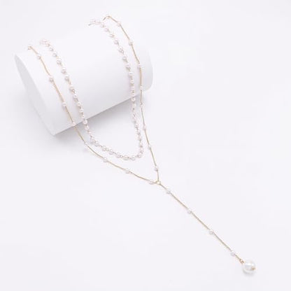 Layered Pearl Necklaces for Women 14K Gold Plated Trendy Faux Pearl Drop Y Necklace Dainty Pearl Choker Gold Layering Necklace,Jewelry Gift for Her,Mother,Wife,Girlfriend - style: Pearl Y Necklace