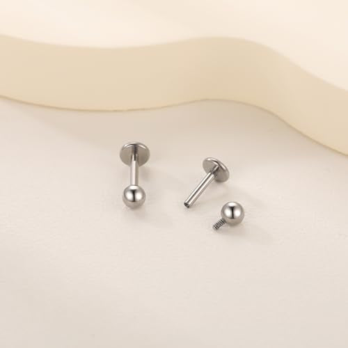 Xpircn ASTM F136 Titanium Flat Back Stud Earrings Internally Threaded Labret Monroe Lip Nose Studs Tragus Helix Conch Cartilage Piercing Jewelry for Women - color: 18G 6MM Bar,3MM Ball,Silver