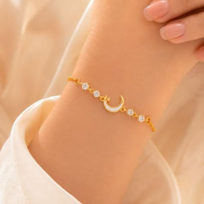 Moon Phase Bracelet Gold/Silver Opal Moon Charm Bracelet Adjustable Opal Style Crescent Charm Chain Bracelets with White Bead Accents Celestial Jewelry Outfit Accessories Gift for Women - color: B1: Gold
