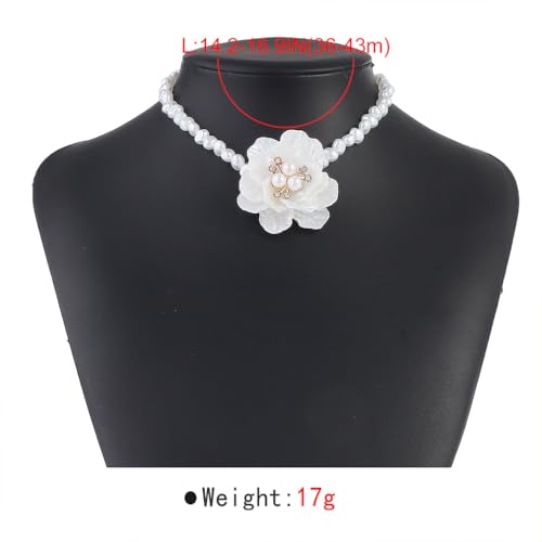 White Pearl Flower Choker Necklaces for Women Large Fashion Camellia French Collar Necklace Trendy Big Pearl Beaded Floral Statement Jewelry Petal Accessories