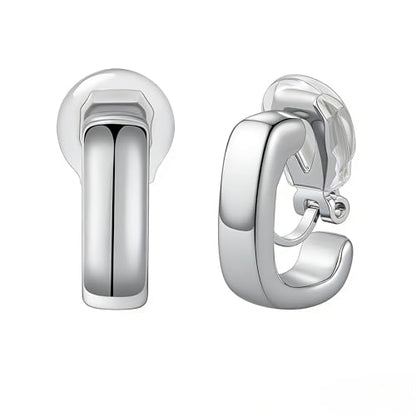 FAN&LOUIS Gold Clip On Earrings for Women，24K Gold Plated Chunky Hoop Earrings for Non-Pierced Ears Small Hypoallergenic Lightweight U Shaped Clip-On - style: Silver