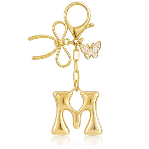 Gold Bubble Heart, Cherry, Bow & More Designs Letter Initial Keychain Bag Charms – Cute Purse Charms for Handbags - color: Bow & Butterfly, style: M