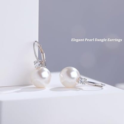925 Sterling Silver Pearl Leverback Earrings for Women Cubic Zirconia Pearl Jewelry 10MM - color: A: Leverback-White