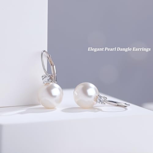 925 Sterling Silver Pearl Leverback Earrings for Women Cubic Zirconia Pearl Jewelry 10MM - color: A: Leverback-White