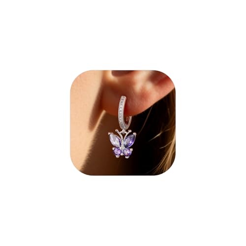 Bestyle Gold Butterfly Earrings for Women, Dainty Cute Birthstone Studs Hypoallergenic Jewelry, Great Birthday Gift - style: 02.February (Amethyst)-DANGLE
